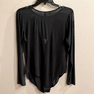 H&M women’s black jersey MESH Sheer V long sleeve bodysuit / leotard size L